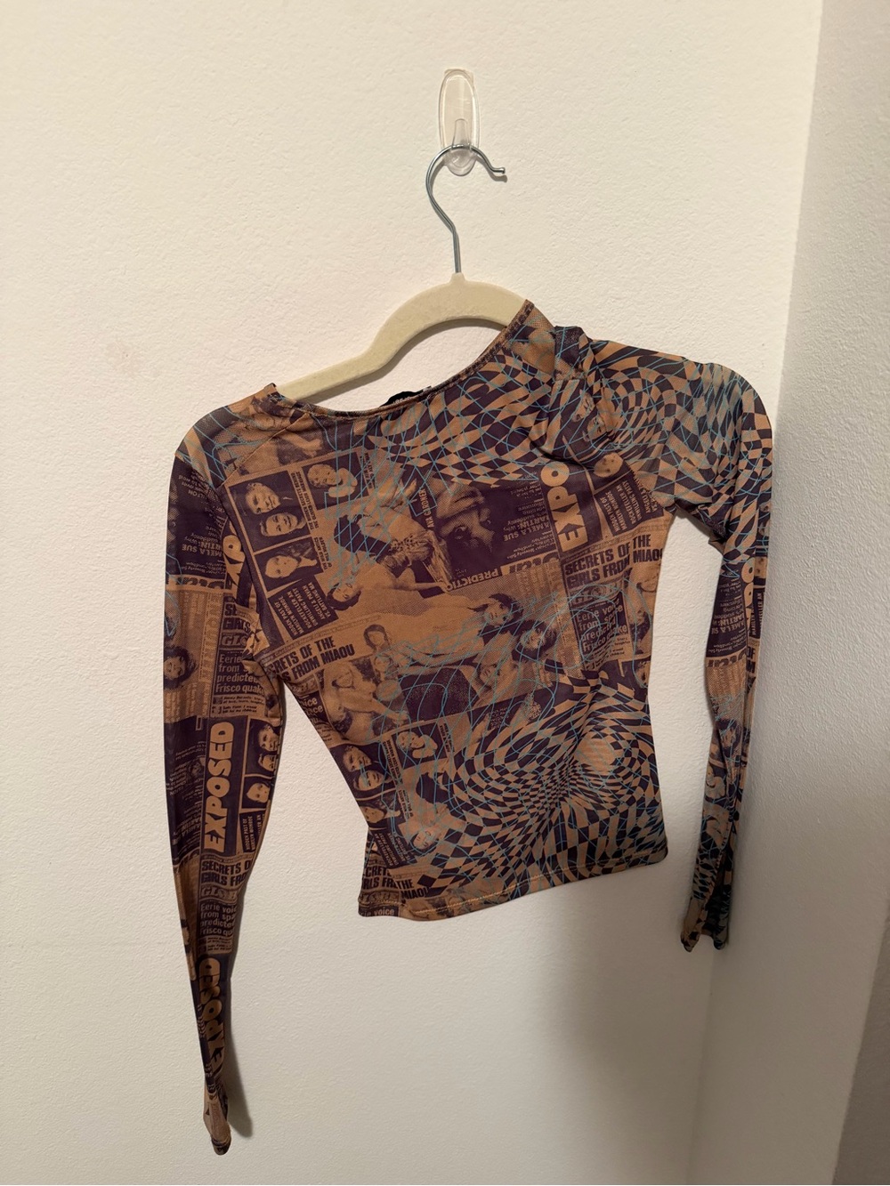 Miaou Brown and Black Graphic Mesh Long-Sleeve Crop Top